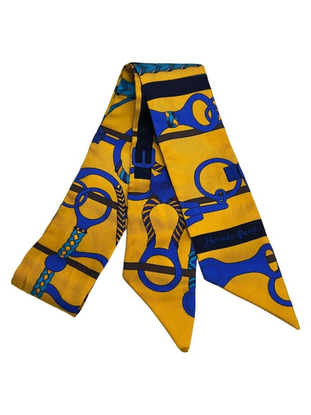 Hermes Scarf Twilly Yellow Blue Brown Ribbon Panoplie Equestre Horse Riding
